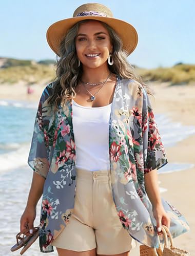 Floral Kimono Cardigan Beach Cover Up for Women - Puff Sleeve Chiffon Summer Top