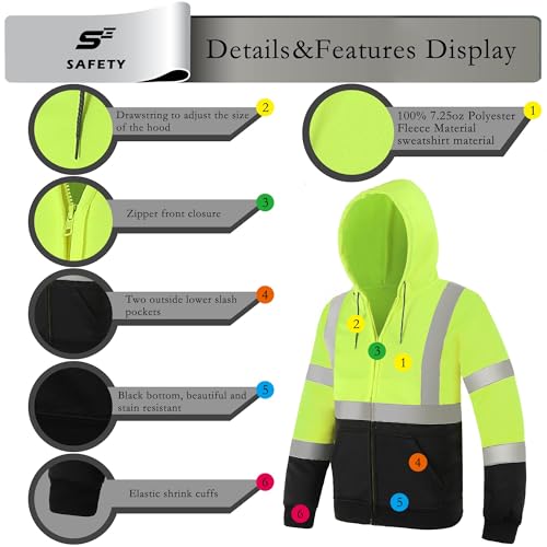 sesafety High Visibility Safety Sweatshirt for Men, Class 3 Reflective Zippered Hooded Sweatshirt, Hi-Vis Safety Hoodie with Black Bottom