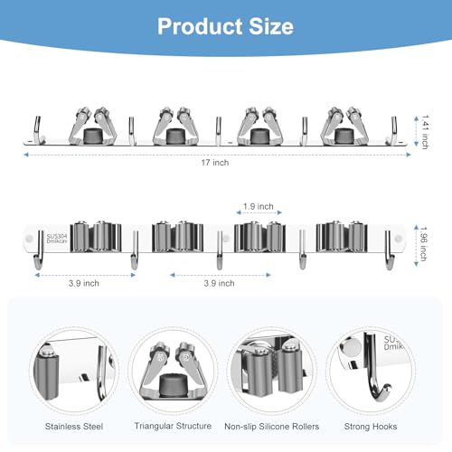 Mop and Broom Holder Wall Mounted, 4 Racks and 5 Hooks Broom, Upgraded Stainless Steel Broom Holder Self Adhesive, Broom Organizer, Tools Organizer for Home Kitchen bathroom Garden balcony