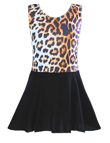 TENVDA Girl Leopard Ballet Leotard with Skirt - Sparkly Sleeveless Dance Outfit, 8-9 Years