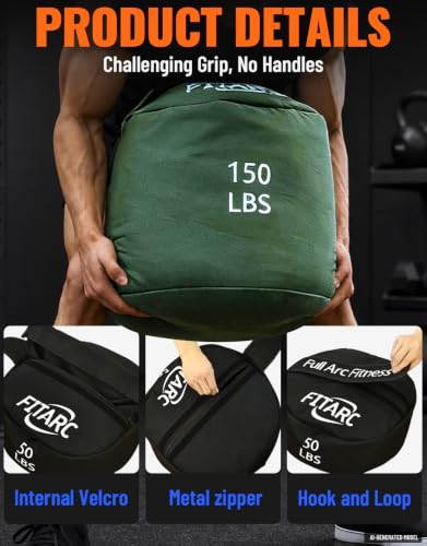 Fitarc 50LB Black Sandbag for Weight Training & Cross-Training - Durable Fitness Bag