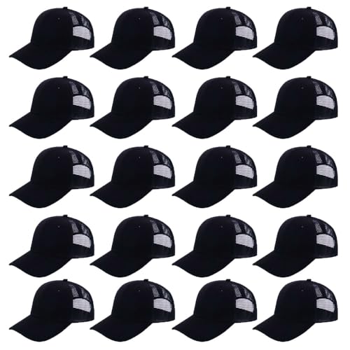 ZH 20 Pack Blank Mesh Trucker Hats - Adjustable Snapback Caps for Men & Women, Black, One Size-Large