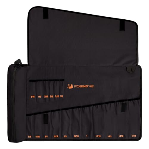 Wrench Roll, Wrench Roll Up Pouch, Gifts for Men Father Dad Mechanic, Heavy Duty Canvas Wrench Organizer Bag (Black, 17+1 SAE)