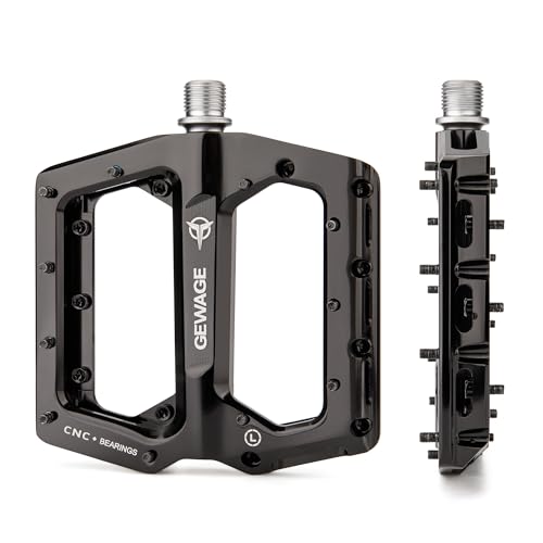 GEWAGE Black 9/16" CNC Aluminum Flat Bike Pedals with Anti-Slip Pins & Sealed Bearings