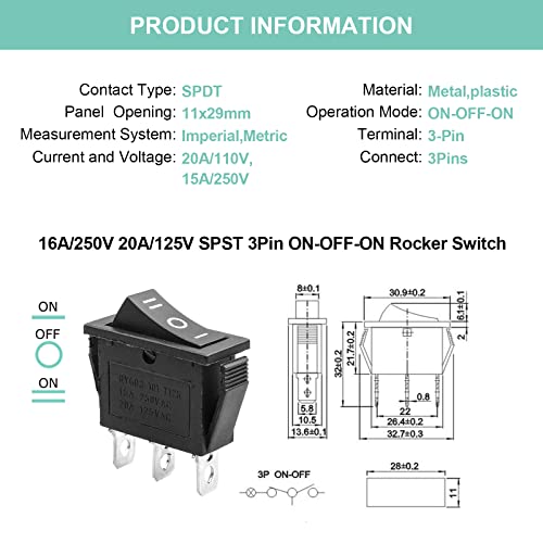 3-Pin ON-OFF-ON Toggle Rocker Switch - 5 Pack
