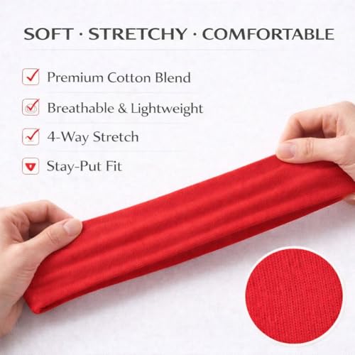 Soft Cotton Stretchy Headband - Non-Slip Sweat Band - Red
