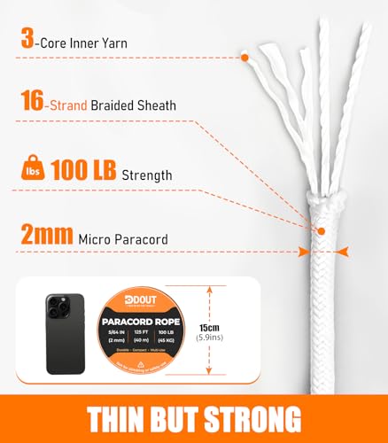DDOUT 2mm Paracord Micro Paracord Rope, 125 ft White, 100 lb Tough Nylon Cord