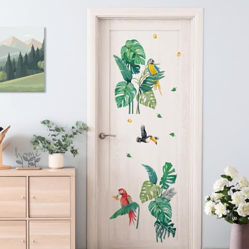 Yovkky Tropical Plant Birds Wall Decals Stickers,Hawaii Palm Leaves Monstera Parrot Toucan Toddlers Baby Nursery Decor,Aloha Greenery Hibiscus Flower Home Decorations Kids Bedroom Playroom Art