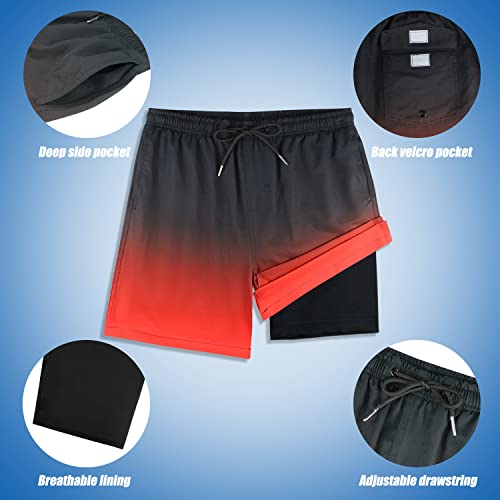 LUCOWEE Boys Swim Trunks with Soft Compression Liner, Quick Dry, UPF 50+, Black Red Ombre, Age 10-12