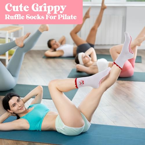 Non-Slip Pilates Grip Yoga Socks - 6 Pairs in Pink, Red, Ruffles