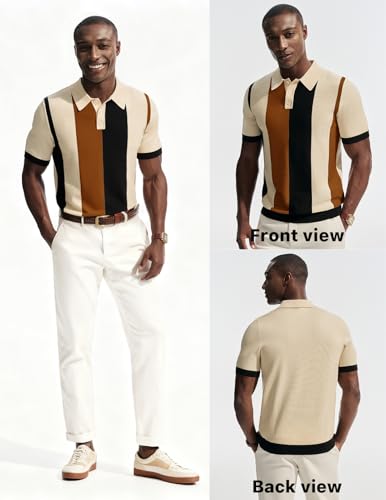 Mens Knit Polo Shirt Large Apricot Vintage Striped Short Sleeve Casual Top