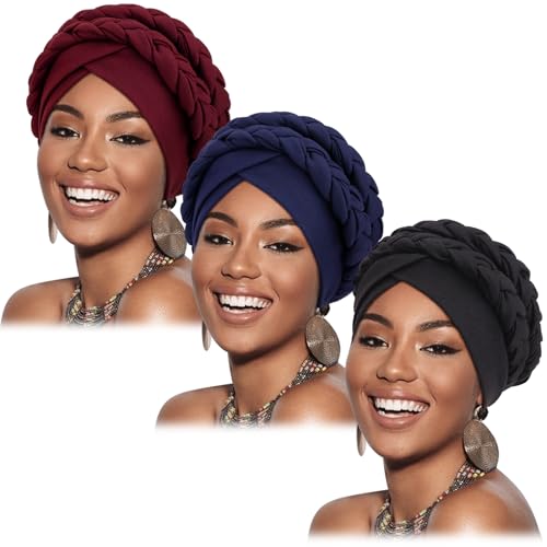 DRESHOW 3 Pack Twisted Turban Head Wraps for Black Women - Burgundy, Black, Navy Blue