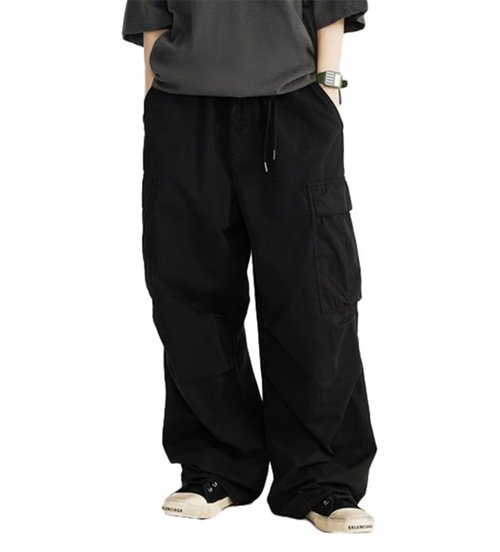THWEI Mens Baggy Cargo Pants Casual Parachute Cargo Pants Elastic Waist Streetwear Multi Pockets Black L