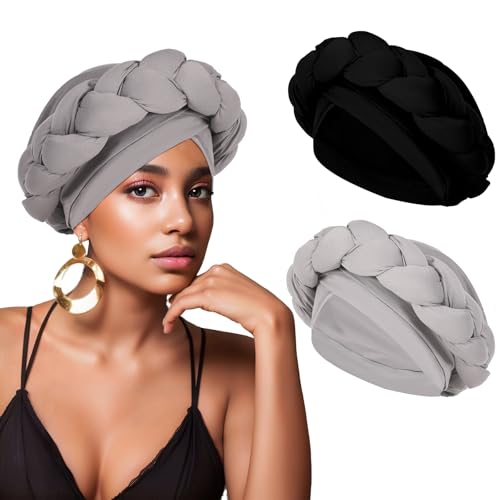 2 Pack African Turban Head Wraps with Big Braid Decoration – XEPST (Black & Gray)