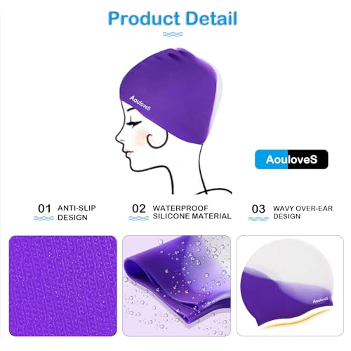 Kids Swim Cap - 2 Pack Silicone Swimming Caps for Long Hair - Pink & Bright Purple