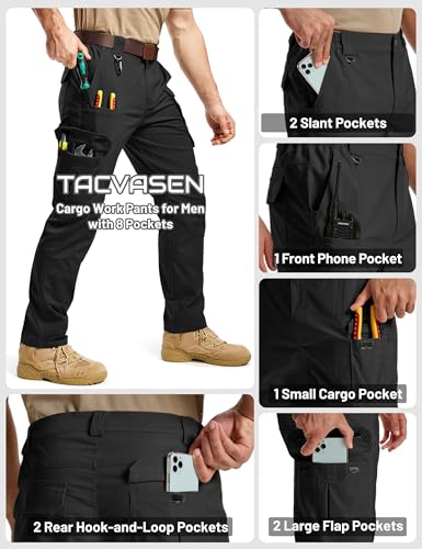 TACVASEN Men's 40W x 30L Water-Resistant Ripstop Cargo Work Pants - Black