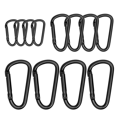 Black Carabiner Clip Set - 12pcs Mini & Large Aluminum Hooks