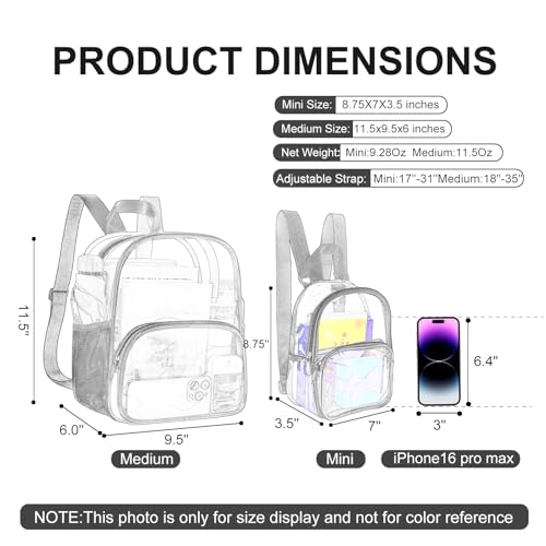 Clear Backpack for Stadiums - Medium Size Black - 11.5x9.5x6 In