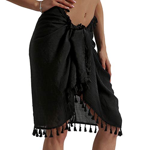 Beach Sarong Pareo Cover Up for Women - Black Short Skirt with Tassels