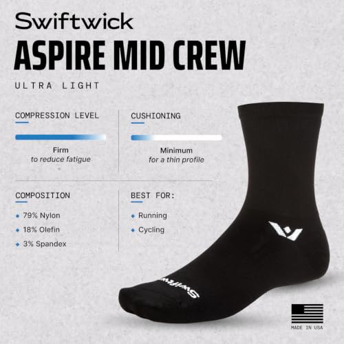Swiftwick ASPIRE Mid-Crew Socks for Running & Cycling Men & Women, Medium White Circuit