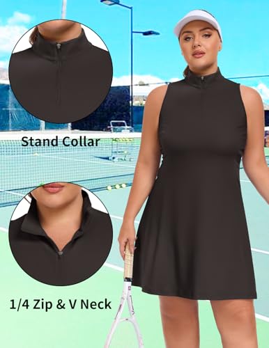LEYSHE Women's Plus Size Sleeveless Tennis Dress 1/4 Zip UPF 50+ Summer Floral Black 3X-Large