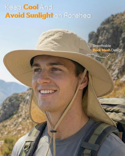 One Size Khaki Sun Hat for Men with Wide Brim & Neck Flap - UV Protection for Fishing & Hiking