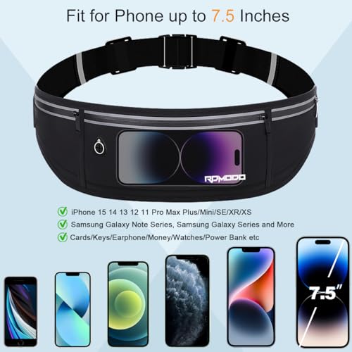 Slim Running Belt - Water Resistant Fanny Pack for iPhone 17/16/15 Pro Max - 3 Pockets, Adjustable & Reflective - Black