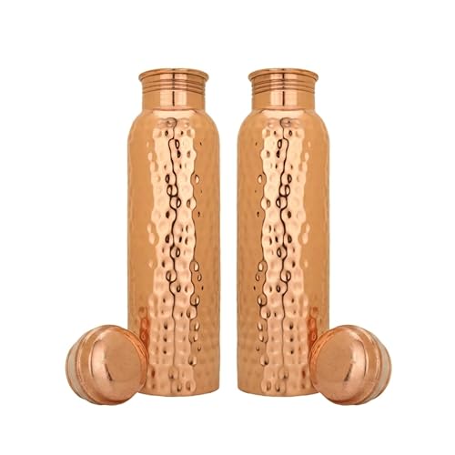 Natural Copper Water Bottle Set of 2 - 32oz Pure Handcrafted Travel & Drinkware