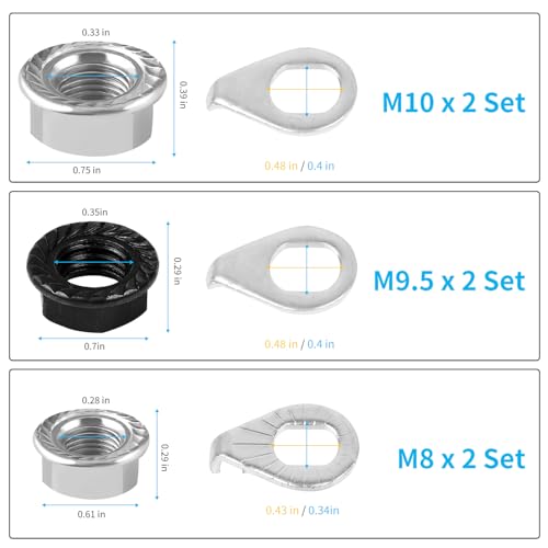 Bicycle Axle Nut Kit with Washers - 12PCS M8 M9.5 M10