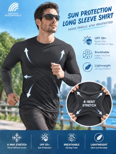 Men's Long Sleeve UV Shirt UPF 50+ Moisture Wicking Running Hiking Fishing - Large/Blue/Light Gray/Dark Blue/Black/Dark Gray