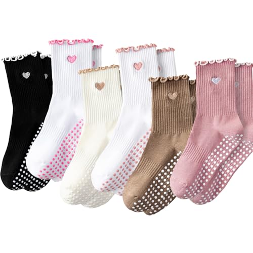 ZFiSt Pilates Grip Socks for Women - Ruffle Cotton Yoga Socks, Multi-Color Set with 6 Heart, Black, Beige, Brown, Pink - Comfortable Non-Slip Fit