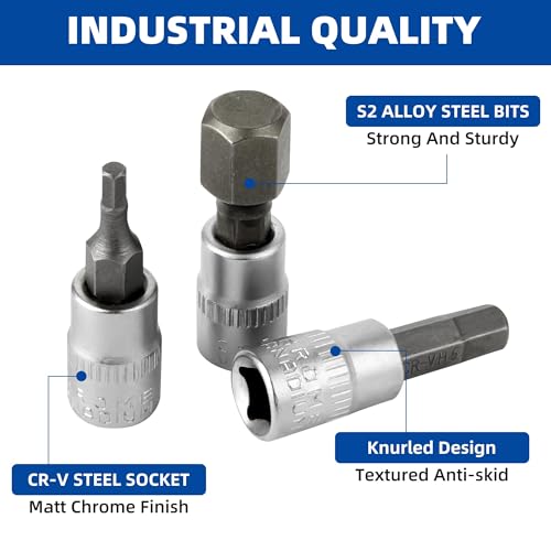 Hex Bit Socket Set 1/4" Drive 7 Pieces Allen Key Socket Set Metric 4mm - 12mm S2 Alloy Steel Bit and CR-V Drive Socket