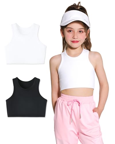 Girls Sports Bra Racerback Crop Tank Top for Kids 7-8 Years Black & White