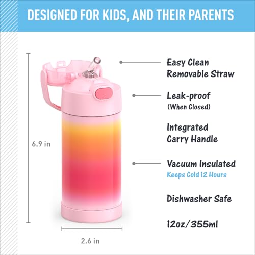 THERMOS FUNtainer Pink Ombre 12oz Kids Water Bottle with Straw, Vacuum Insulated