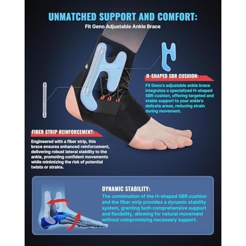 Fit Geno Ankle Brace for Sprained Ankles - Adjustable Breathable Support with Quick-Release Straps for Pain Relief and Swelling Reduction for Men and Women (Right M/L, Ankle size 9''-9.8'')