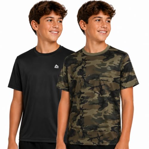 RBX Boys T-Shirts Pack - 2 Lightweight Moisture Wicking Crewnecks, Green Camo, 14-16
