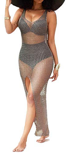 SexyCherry Women Bathing Suit Cover Up Mesh Dress - Large / Gold