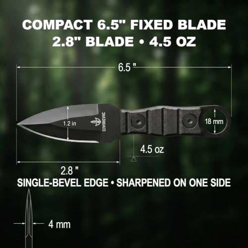 CIVIREVIC Small Fixed Blade Knife with Sheath - 2.8 Inch Full Tang, Black