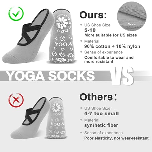 Non-Slip Pilates Yoga Socks for Women - 3 Pairs, Black+Blue+Grey, US 6.5-10