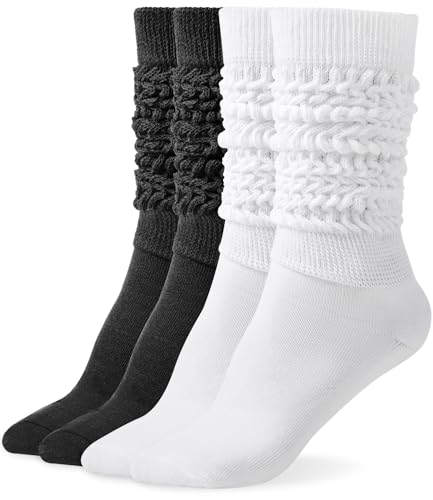 Knee High Slouchy Socks for Women - 2 Pairs White/Black