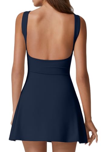 QINSEN Women's Open Back Tennis Dress Medium Navy Sleeveless Athletic Golf Dress with Pockets