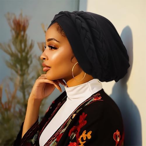 African Women Turban Cap - Pre-Tied Double Braids Beanie - Black