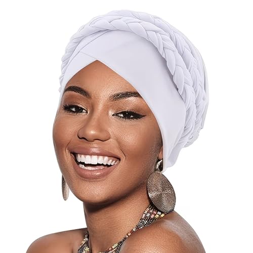 African Women Turban Cap - Pre-Tied Double Braid Headwrap - White