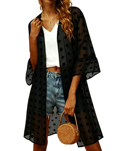 Women’s Summer Kimono Cardigan Beach Cover Up with Puff Sleeves