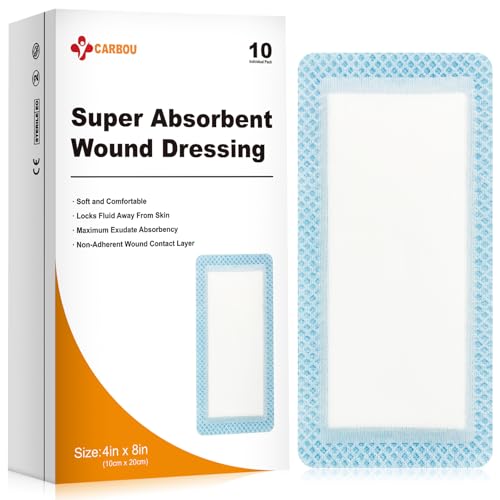 Carbou 4x8-Inch Super Absorbent Wound Dressings Pack of 10 - Non-Adhesive Gauze Pads for Post-Op & Ulcers