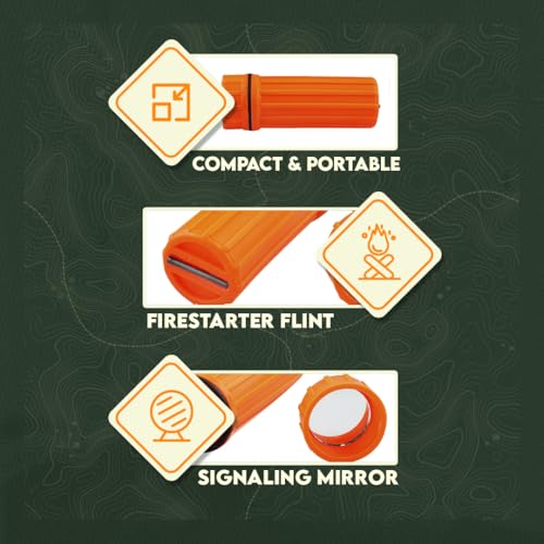 Waterproof Match Storage Box with Signaling Mirror & Firestarter Flint - Orange