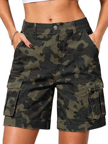 ELLEVEN Women's Camo Bermuda Cargo Shorts High Waist Elastic Hiking | Medium
