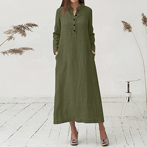 Maxi Long Dress for Women - Cotton Long Sleeve Kaftan - Army Green, Large