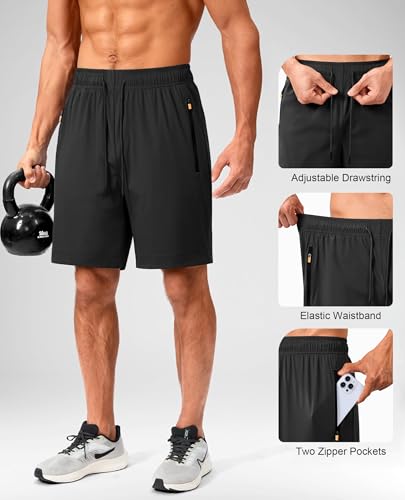 Men's Athletic Running Shorts - 7 Inch Quick Dry with Zipper Pockets - Large, Black