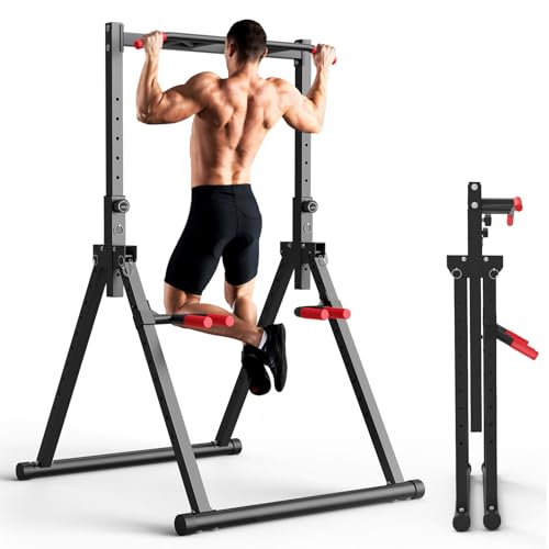 Foldable Power Tower Dip Station for Pull Ups & Dips - Black